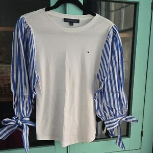 NEW Tommy Hilfiger Women's Top with Blue Striped Puff Sleeves